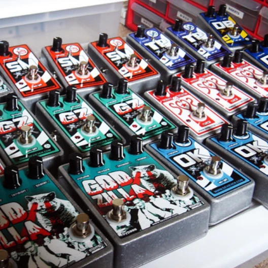 Rows of finished Effector 13 pedals